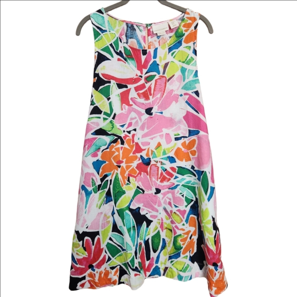 CYNTHIA ROWLEY TROPICAL FLORAL 100% LINEN SLEEVELESS A LINE MINI DRESS MEDIUM